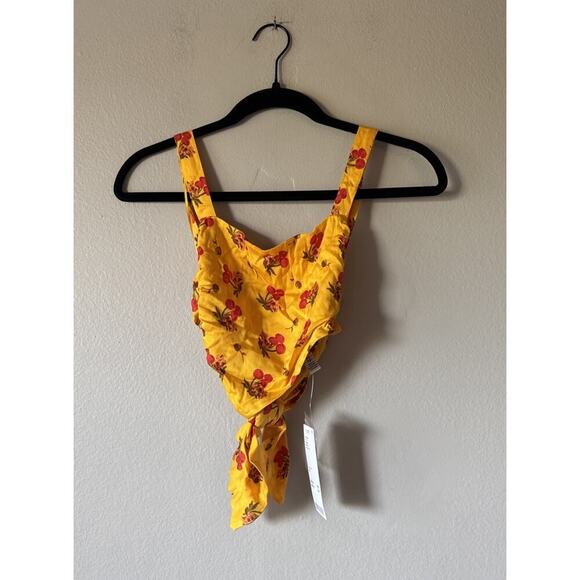 Urban Outfitters XS Jade Scarf Cami Yellow Cherry Print Tie Back Crop Top Tank - Picture 1 of 7